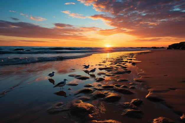 Einsamer Korridor bis zur Morgendämmerung Dourada Strand ruhiges Meer generatives IA