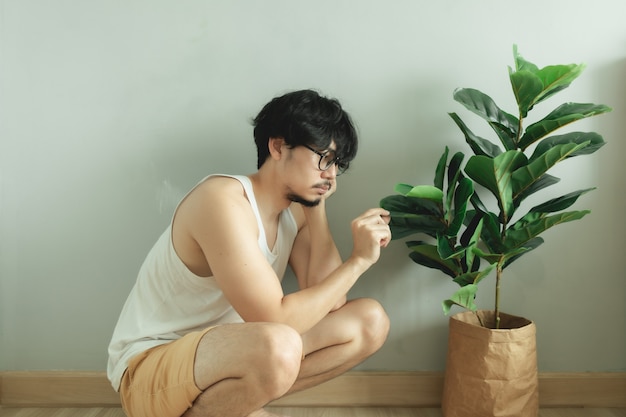 Einsamer Mann, der mit seiner Baumpflanze in der Wohnung befreundet ist.