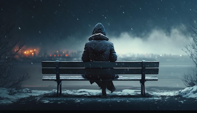 Einsamer Mensch, der an einem kalten Wintertag allein auf einer Bank sitzt, Einsamkeitskonzept, generative KI