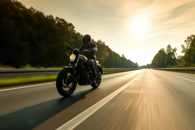 Einsamer Motorradfahrer fährt die offene Autobahn hinunter