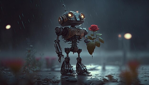 Einsamer obdachloser Roboter, der eine verwelkte Rose von seinem Geliebten unter einer regnerischen Nacht hält Generative KI