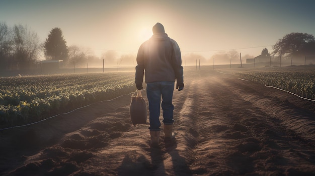 Einsamer Reisender mit Koffer auf unbefestigter Straße bei Sonnenaufgang, inspiriert von Dorothea Langes Stil, eingefangen in der morgendlichen goldenen Stunde