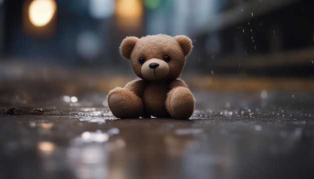 Einsamer Teddybär auf einer regnerischen Straße