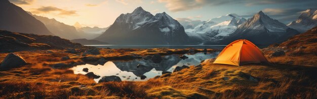 Einsames leuchtend orangefarbenes Zelt in den Bergen mit Lagune im Morgenlicht von AI Generative