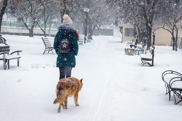 Einsames Mädchen geht in einem verschneiten Park neben einem Hund spazieren Ein Hund folgt einem Mädchen während eines Schneefalls im Park