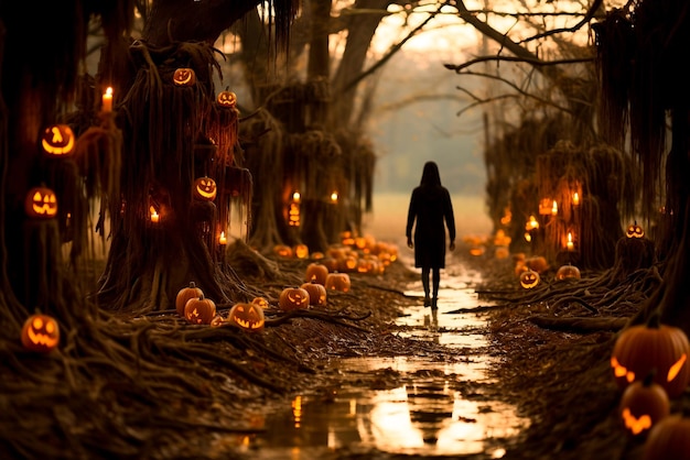 Einsames Mädchen spaziert durch eine gespenstische Stadt, umgeben von vielen Kürbissen auf dem Friedhof, Halloween-Konzept