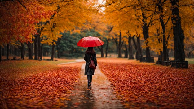 Einsames Mädchen steht im herbstlichen Parkregen