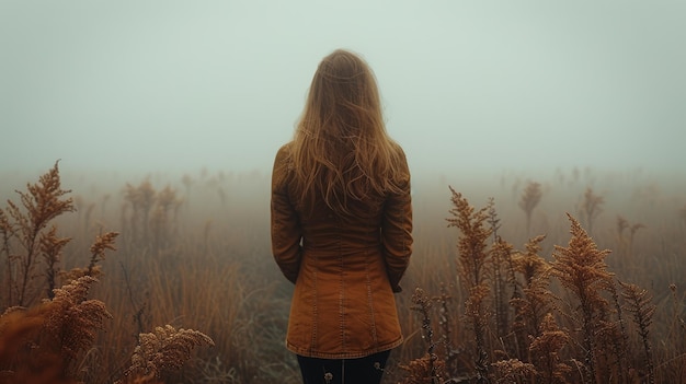 Einsamkeit im Nebel Frau, die auf einem nebligen Feld nachdenkt