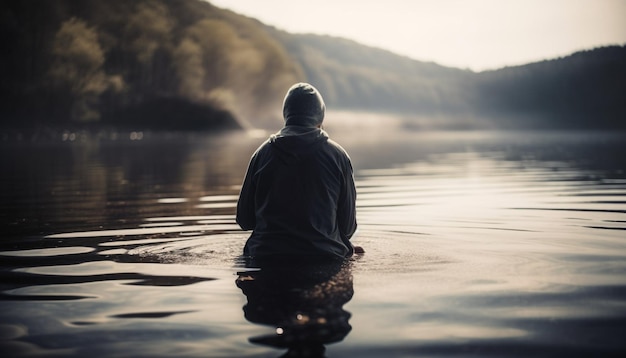 Einsamkeit in der Naturreflexion in der Nähe eines ruhigen Teichs, der von KI erzeugt wird