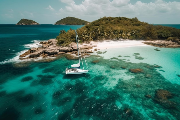 Einseitiger tropischer Strand mit verankerter Segelyacht