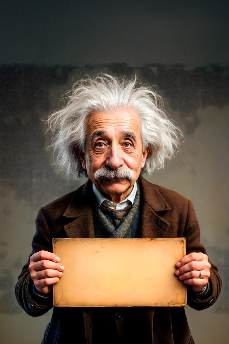 Foto einstein segurando um sinal em branco