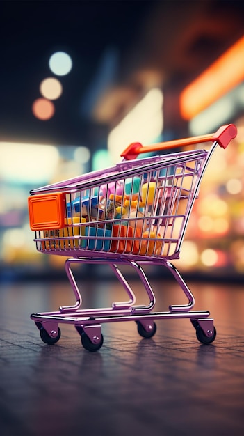 Eintauchen in den Einzelhandel Der Einkaufswagen navigiert durch den Supermarkt und vermischt sich mit verschwommenem Laden-Bokeh Vertical Mob