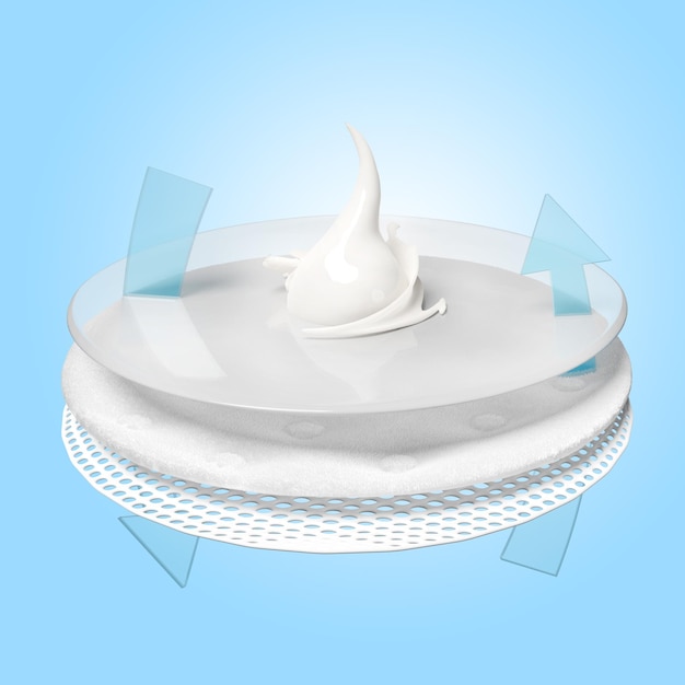 Einwegmilch absorbierende Kissen Produktwerbung Ventilation zeigt Milch Spritzer synthetische Fasern Haar absorbierende Schicht isoliert auf blauem Hintergrund 3D-Render-Illustration