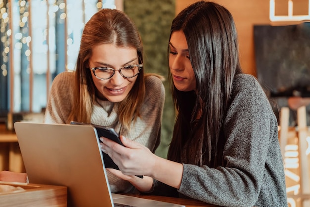 Einzelgespräch. Zwei junge Geschäftsfrauen sitzen am Tisch im Café. Mädchen zeigt Kollegeninformationen auf dem Laptopbildschirm. Mädchen mit Smartphone, Blogging. Teamarbeit, Geschäftstreffen. Freiberufler arbeiten