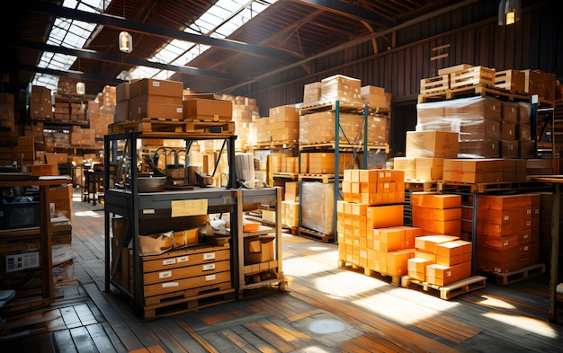 Einzelhandelslager voller Regale mit Waren in Kartons mit Paletten und Gabelstaplern. Logistikfabrik