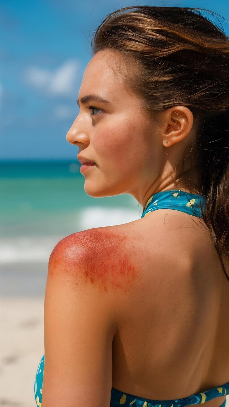 Foto einzelheiten der sonnenbrandhaut einer frau von der strandsonne