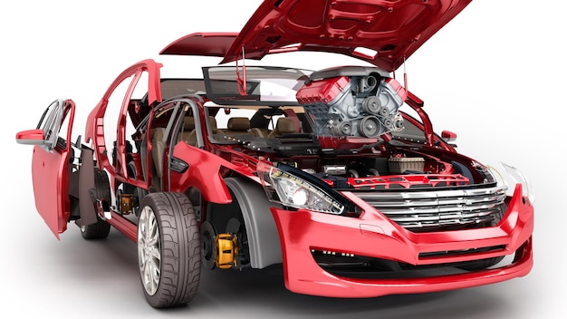 Einzelheiten des roten Autos auf einem weißen 3D-Render