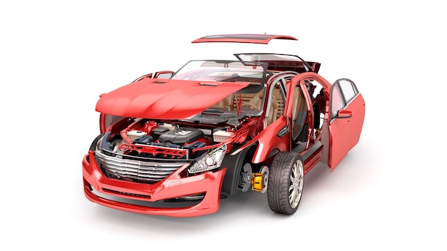 Einzelheiten des roten Autos auf einem weißen 3D-Render