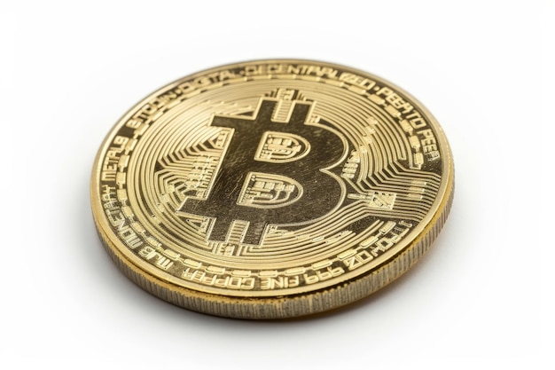 Einzelne goldene Bitcoin-Münze auf weißem Hintergrund