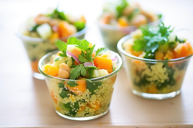 Foto einzelne portionen couscous-salat in kleinen tassen