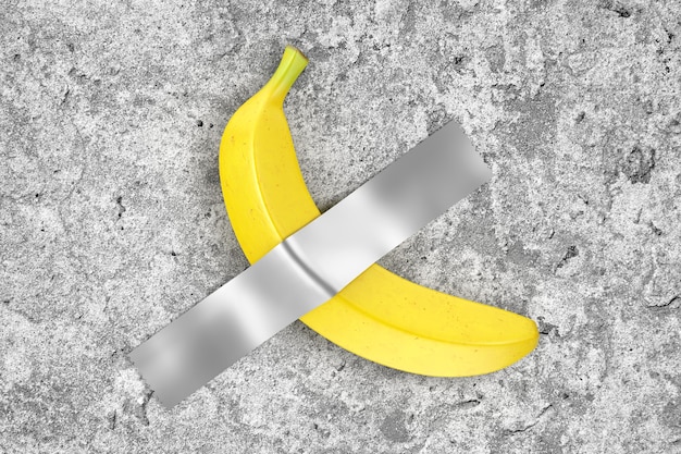 Einzelne reife gelbe Bananenleitung mit Klebeband an Betonwand extreme Nahaufnahme. 3D-Rendering