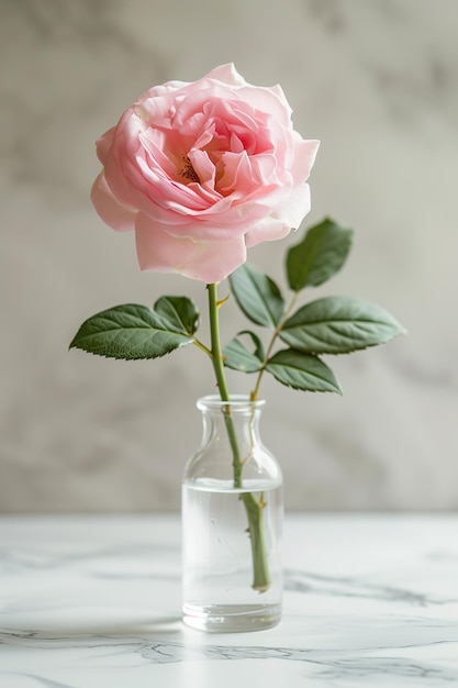 Einzelne rosa Rose in einer Glasvase auf Marmorgrund