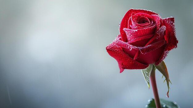 Einzelne rote Rose mit Tautropfen auf minimalistischem Hintergrund