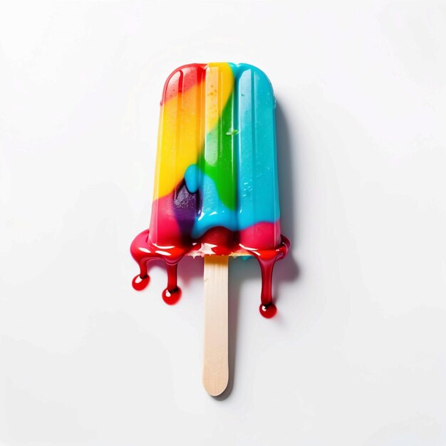 einzelne schmelzende bunte Popsicle Top View weißer Hintergrund