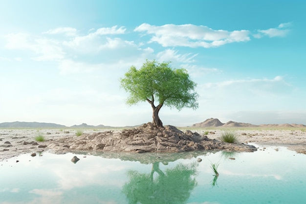 Einzelner Baum inmitten einer zerstörten Wüste im Konzept der globalen Erwärmung mit generativer KI