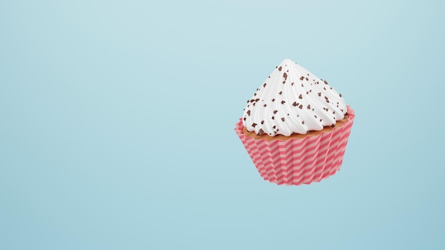 Einzelner Vanille-Cupcake mit einer hohen Kappe aus Schlagsahne und Schokoladenstückchen Cupcake mit Sahne, die auf blauem Hintergrund schwimmt Pastellfarben 3D-Rendering