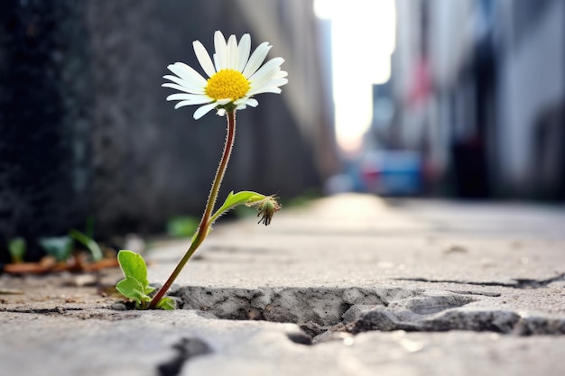 Foto einzelnes gänseblümchen wächst durch die risse im beton