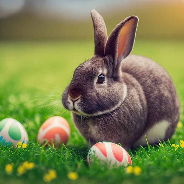 Einzelnes, pelziges Mini-Rex-Kaninchen, das auf grünem Gras mit Ostereiern sitzt