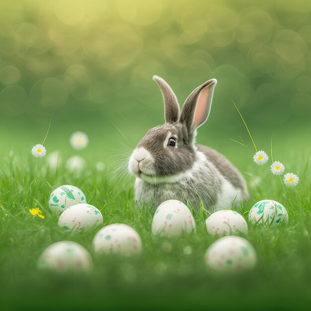 Einzelnes ruhiges pelziges Beveren-Kaninchen, das auf grünem Gras mit Ostereiern sitzt
