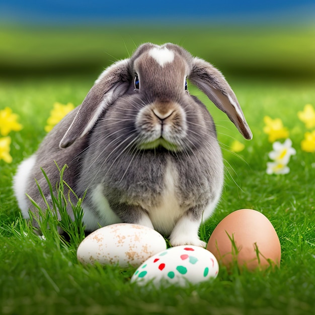 Einzelnes, ruhiges, pelziges Mini-Lop-Kaninchen, das auf grünem Gras mit Ostereiern sitzt