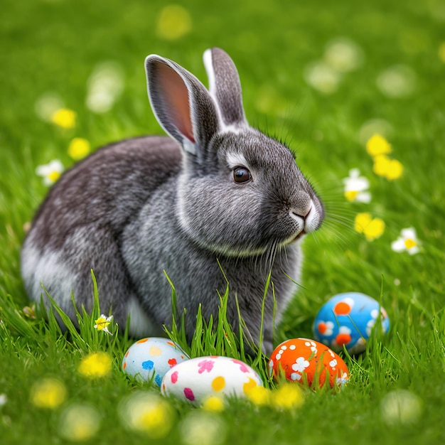 Einzelnes, ruhiges, pelziges Silbermarder-Kaninchen, das auf grünem Gras mit Ostereiern sitzt