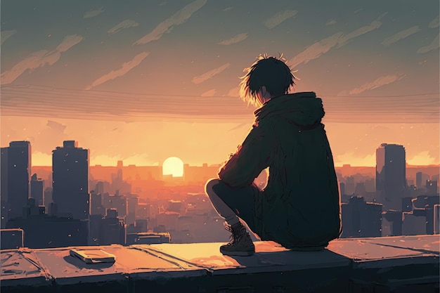 Einzelperson, die auf dem Dach der Stadt sitzt und den Sonnenaufgang beobachtet. Fantasy-Konzept, Illustration, Malerei, generative KI