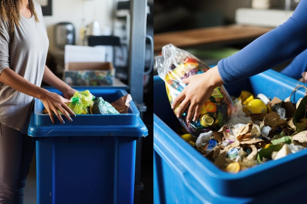 Foto einzelpersonen, die an recyclingbemühungen teilnehmen, indem sie abfälle in blaue behälter sortieren