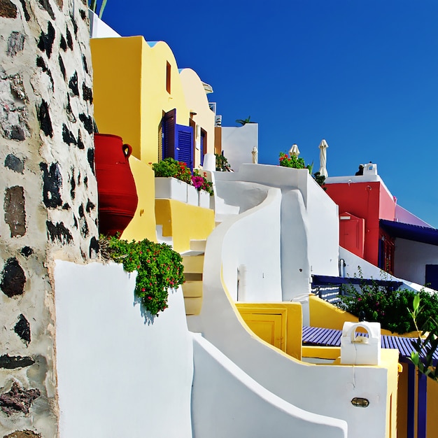 einzigartige Architektur der Insel Santorini. Bunte Häuser. Griechenland reisen