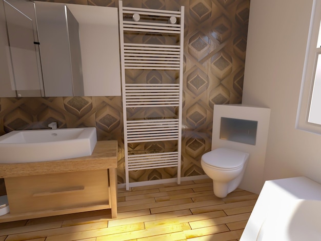 Einzigartige moderne Badezimmer-Innenarchitektur 3D-Rendering-Inspiration