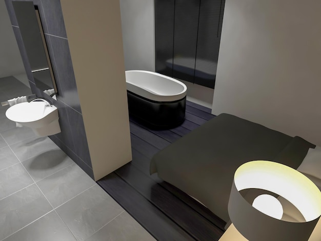 Einzigartige moderne Badezimmer-Innenarchitektur 3D-Rendering-Inspiration