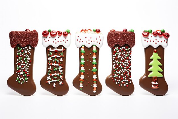 Einzigartige Weihnachtsstrümpfe aus Schokolade, geschmückt mit Weihnachtsstreuungen auf weißem Hintergrund
