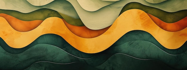 Einzigartiger abstrakter Wellenhintergrund im Vintage-Stil mit einer Retro-Farbmischung aus avocadogrünem Senfgelb und gebranntem Orange