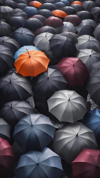 Einzigartiger grauer Regenschirm unter vielen dunklen, der sich von der Masse abhebt Individualität und Unterschied