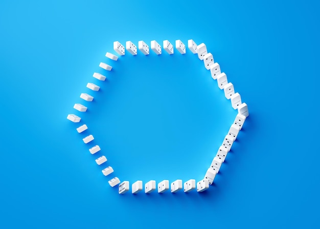 Einzigartiges Hexagon-Symbol-Ikon aus Domino-Fliesen, isoliert auf blauem Hintergrund 3D-Illustration