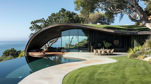 Einzigartiges modernes Haus mit gekrümmtem Dach und Glaswänden mit atemberaubendem Meerblick
