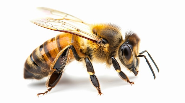 Einzige Biene auf weißem Hintergrund Nahaufnahme der Honigbiene