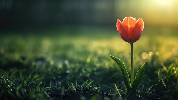 Einzige rote Tulpe im sanften Sonnenlicht auf dem Gras