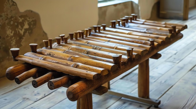 Einziges handgefertigtes Holzxylophone aus Bambus Das Xylophone wird auf einem Holzstand platziert Das Xylophon hat braune und natürliche Farben