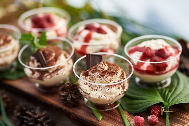 Eis, Beeren und Minze sowie schokoladenselektiver Fokus