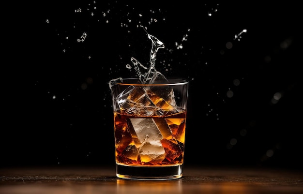 Eis fällt in ein Glas Whisky und Spritzer fliegen in verschiedene Richtungen. Generative KI
